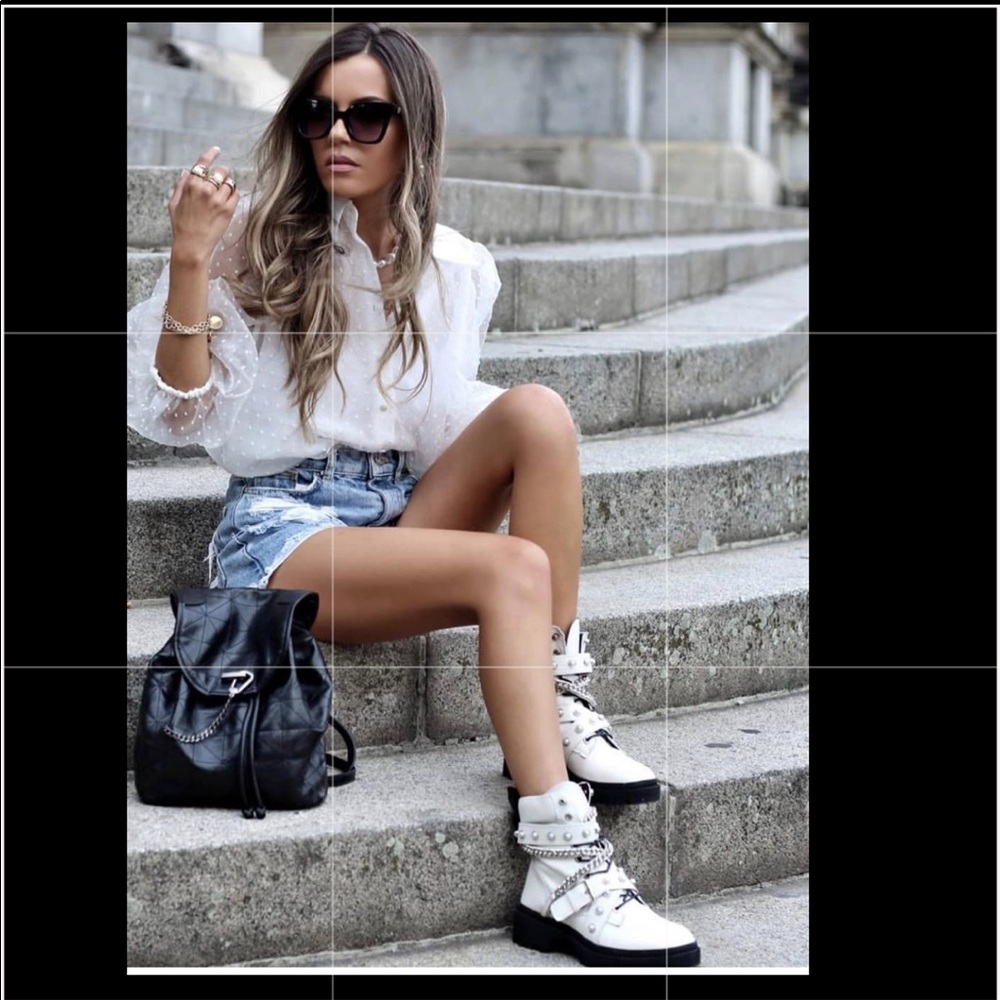 Zara white flat leather moto boots sz 11 Nwt